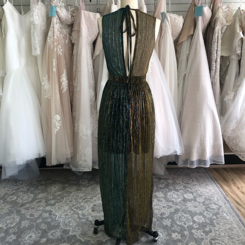 Metallic Turquoise and Gold Plunging Neckline Gown - Picture 6 of 8
